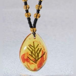 “Preserved in Amber” Cedar Tree Pine Needle Sprig Branch Teardrop Bead Necklace